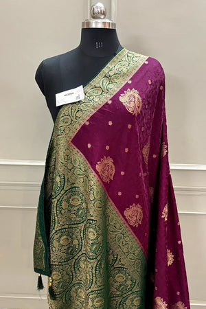 Purple and Bottle Green Golden Zari Katan Silk Banarasi Saree