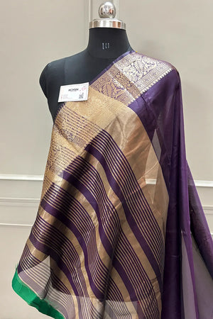 Purple and Green Golden Zari Dupion Silk Banarasi Saree