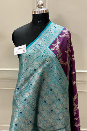 Purple and Teal Zari Silk Banarasi Saree