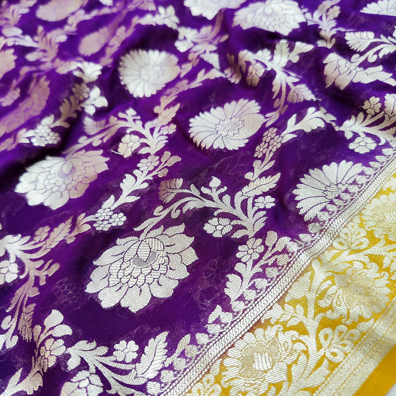 Purple and Yellow Handloom Pure Georgette Silk Banarasi Dupatta