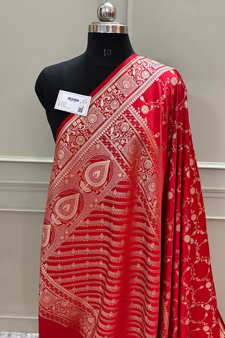 Red Albeli Jaal Katan Silk Banarasi Saree