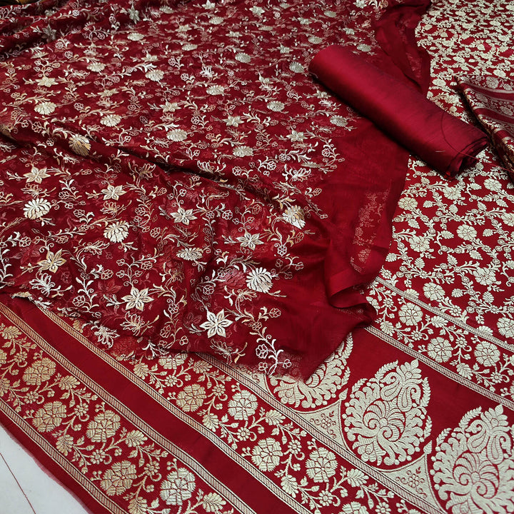 Red Bridal Kimkhab Silk Banarasi Suit With Georgette Dupatta