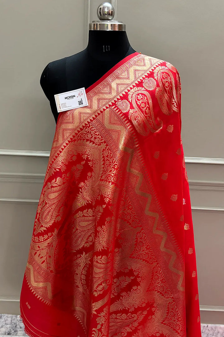 Red Golden Zari Dola Silk Banarasi Saree