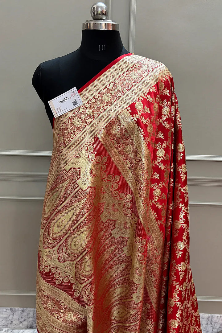 Red Golden Zari Katan Silk Banarasi Saree