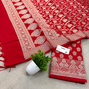 Red Golden Zari Katan Silk Banarasi Suit