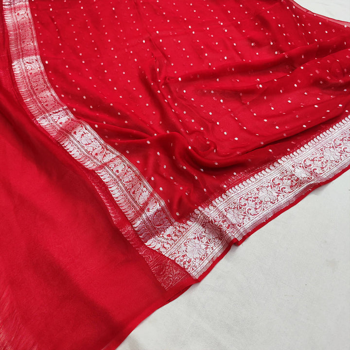 Red Handloom Pure Georgette Silk Banarasi Dupatta