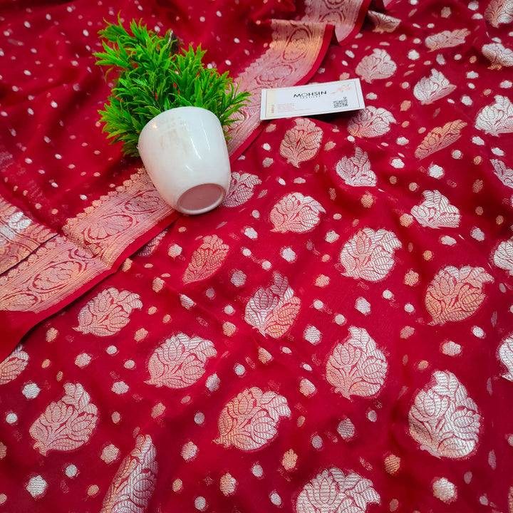Red Handloom Pure Khaddi Georgette Banarasi Suit