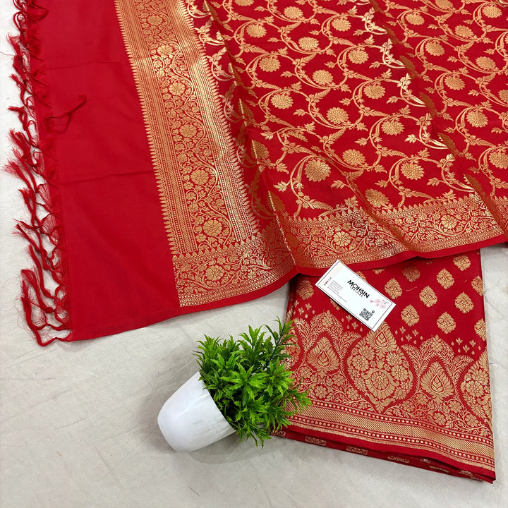 Red Singhasan Buti Satin Silk Banarasi Suit