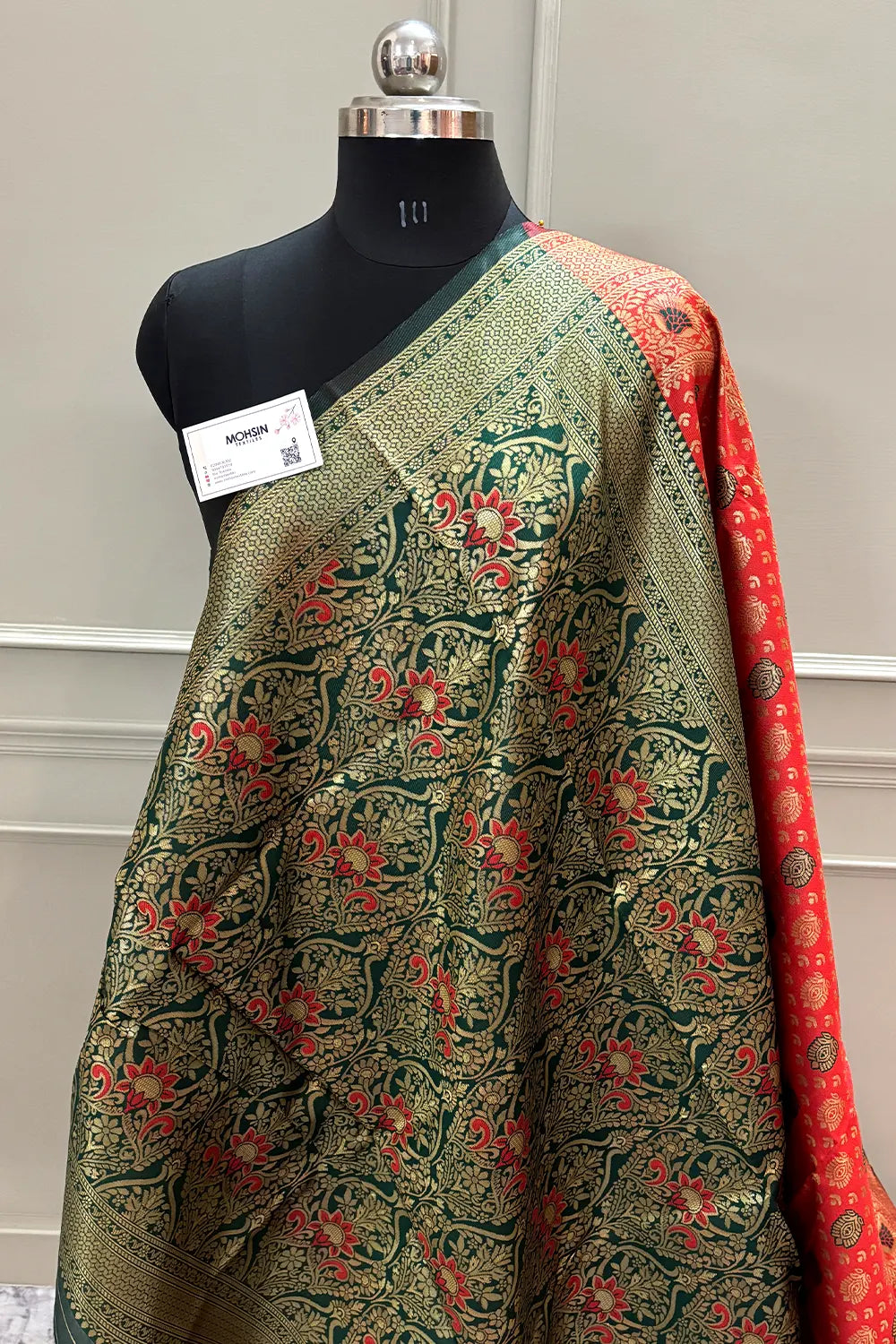 Red and Bottle Green Silky Banarasi Saree