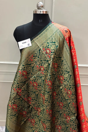 Red and Bottle Green Silky Banarasi Saree