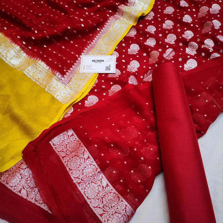 Red and Yellow Multi Handloom Georgette Banarasi Suit