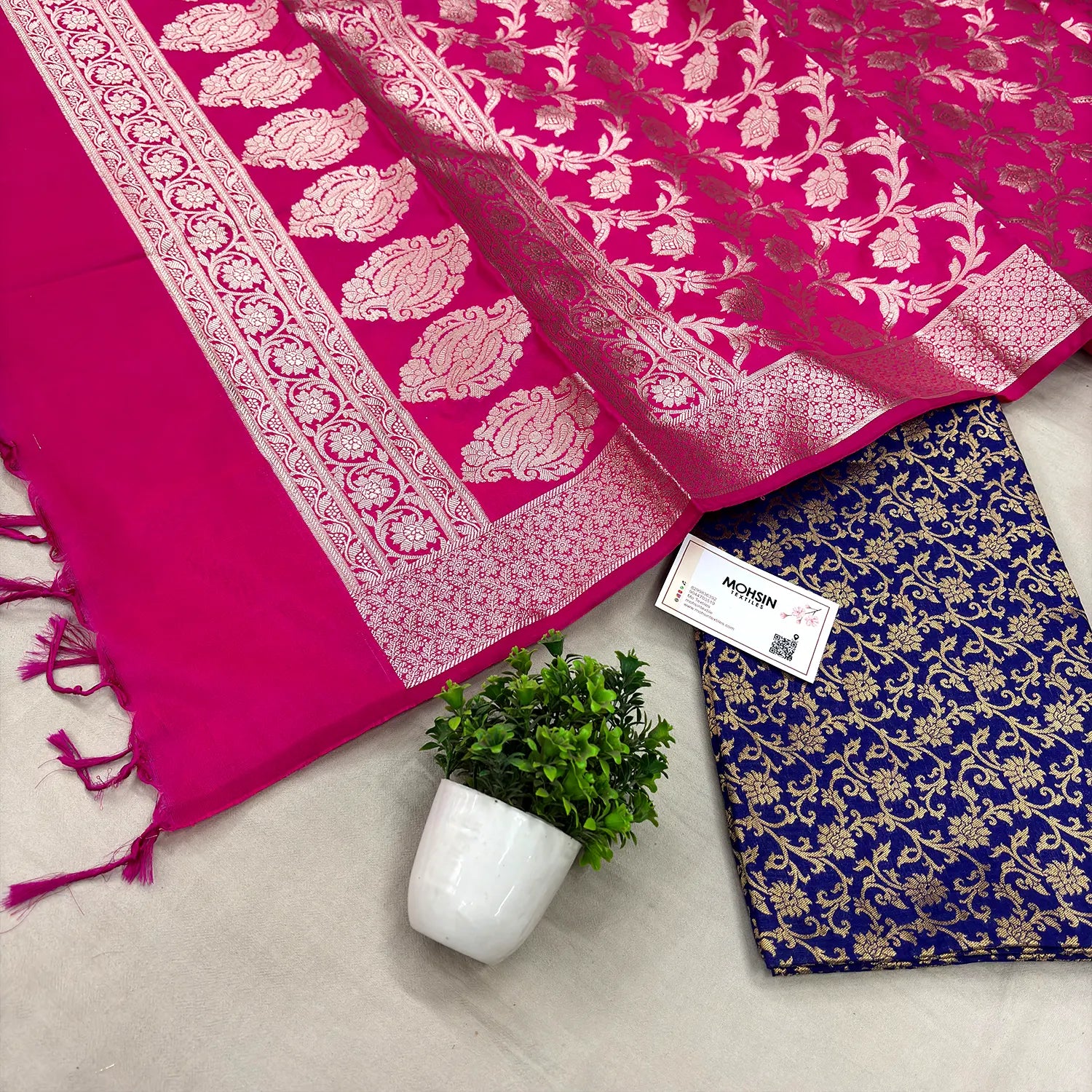 Royal Blue and Pink Golden Zari Katan Silk Banarasi Suit