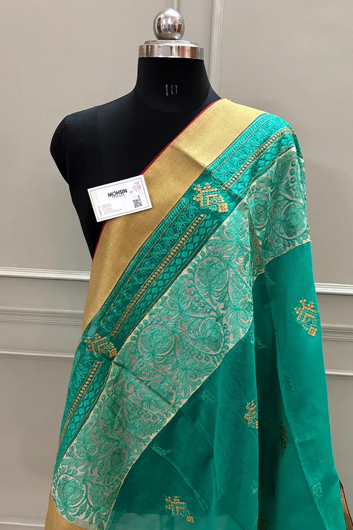 Sea Green Embroidery Silky Banarasi Saree