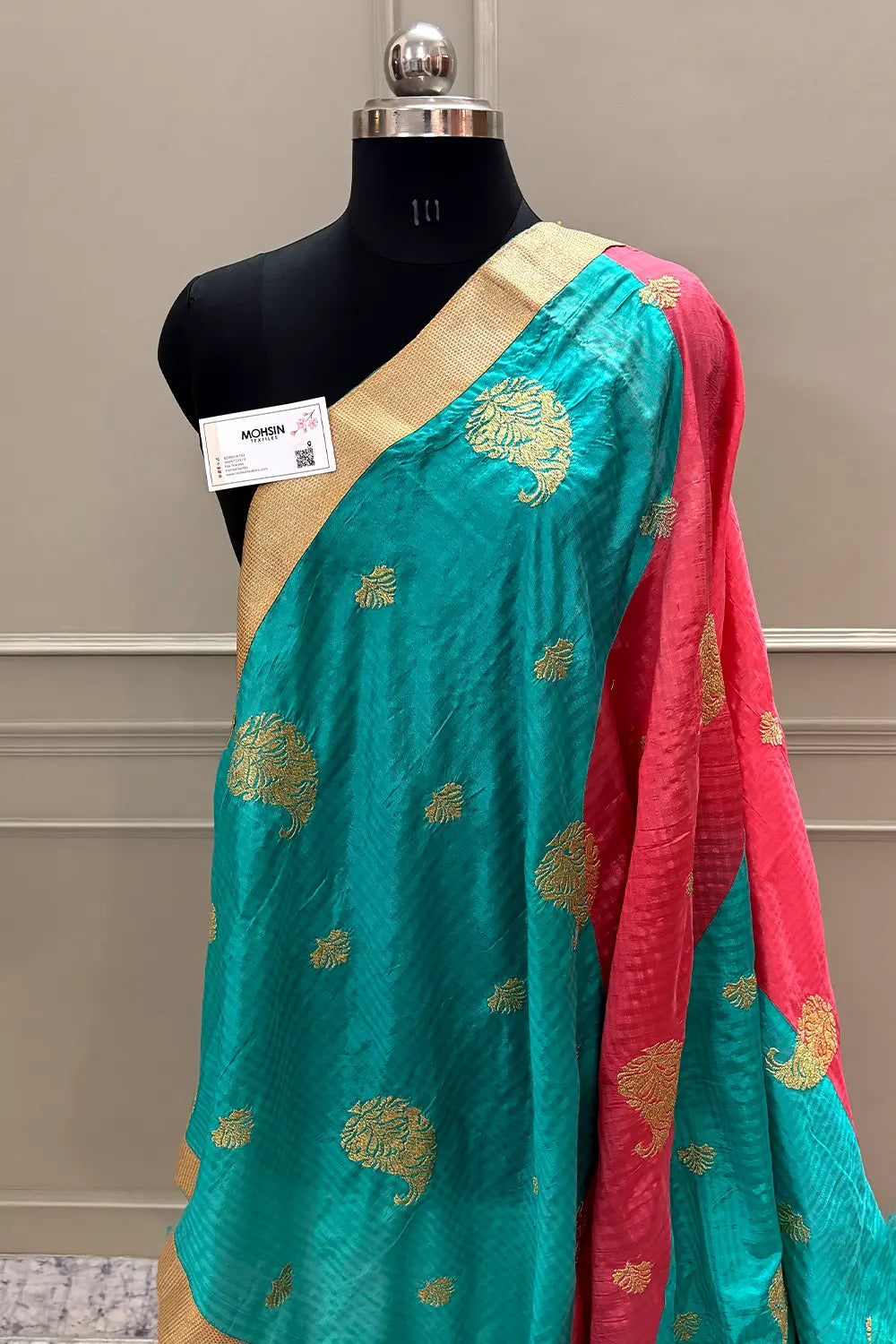 Sea Green and Peach Embroidery Silky Banarasi Saree