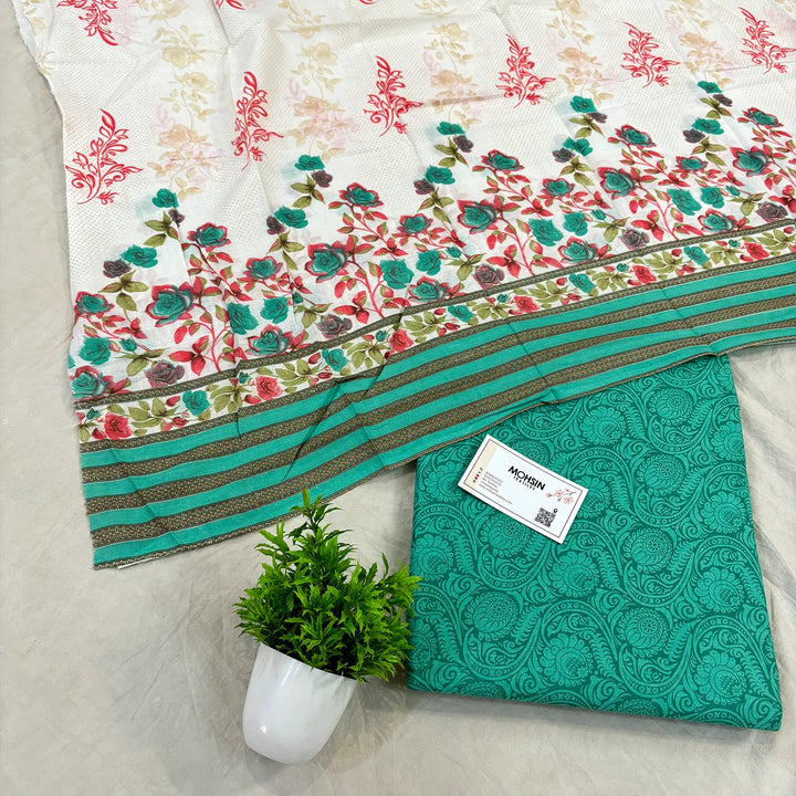 Sea Green and White Printed Cotton Silk Salwar Suit