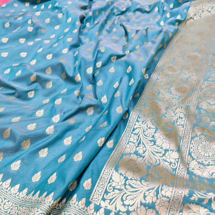 Sky Blue Firozi Pure Katan Silk Banarasi Saree