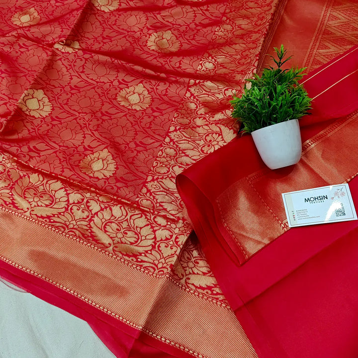 Strawberry Pink Golden Zari Soft Silk Banarasi Saree