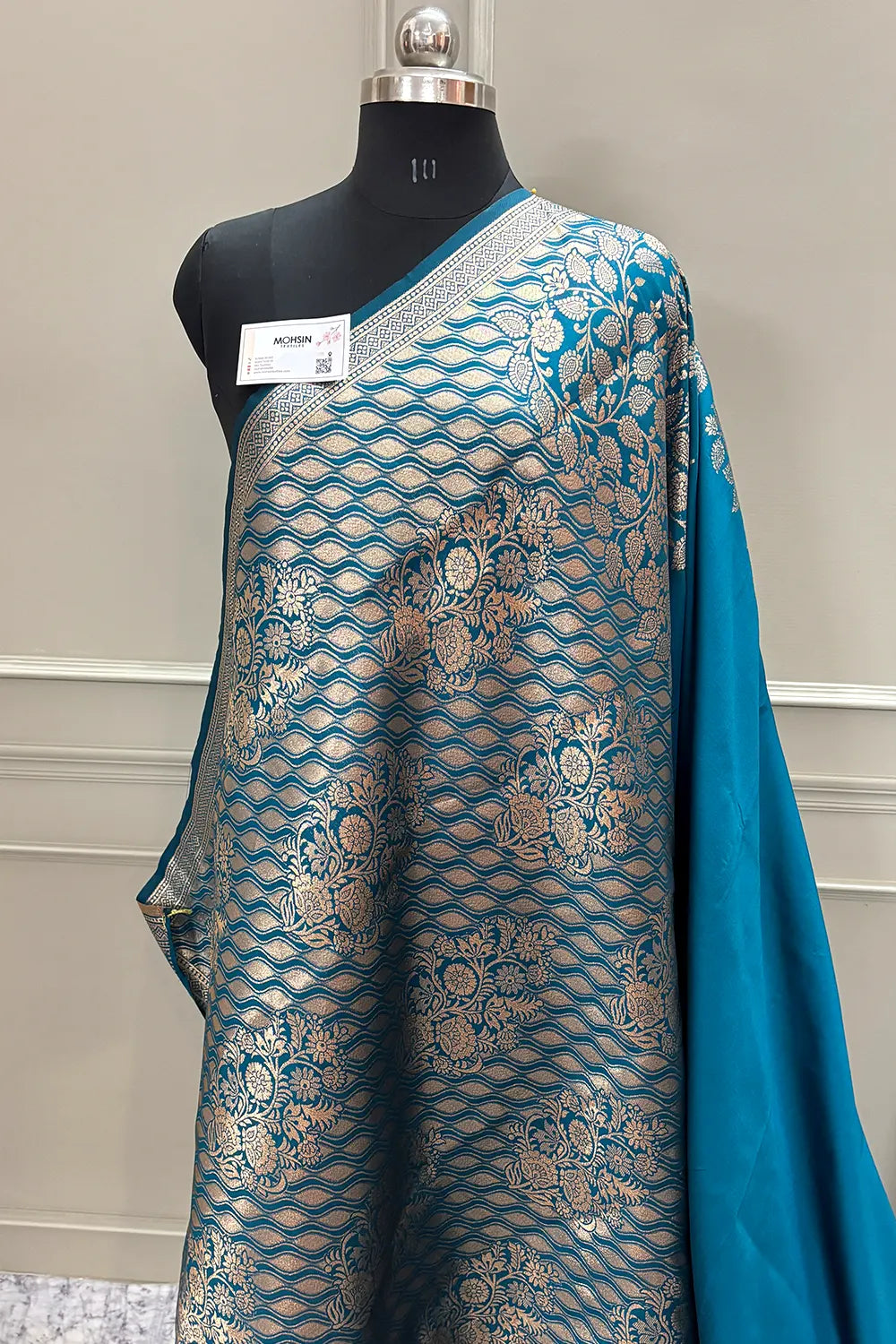 Teal Golden Zari Satin Silk Banarasi Saree