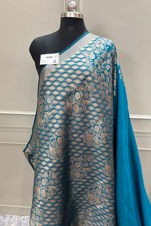 Teal Golden Zari Satin Silk Banarasi Saree