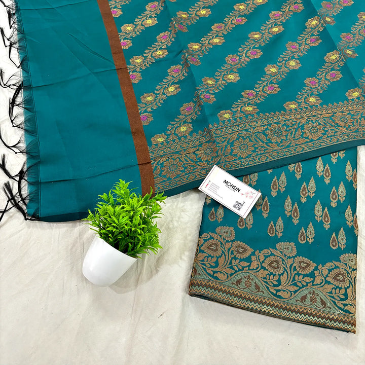 Teal Kadi Patti Satin Silk Banarasi Suit