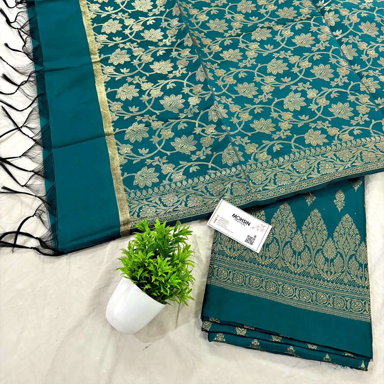Teal Parvat Buti Satin Silk Banarasi Suit