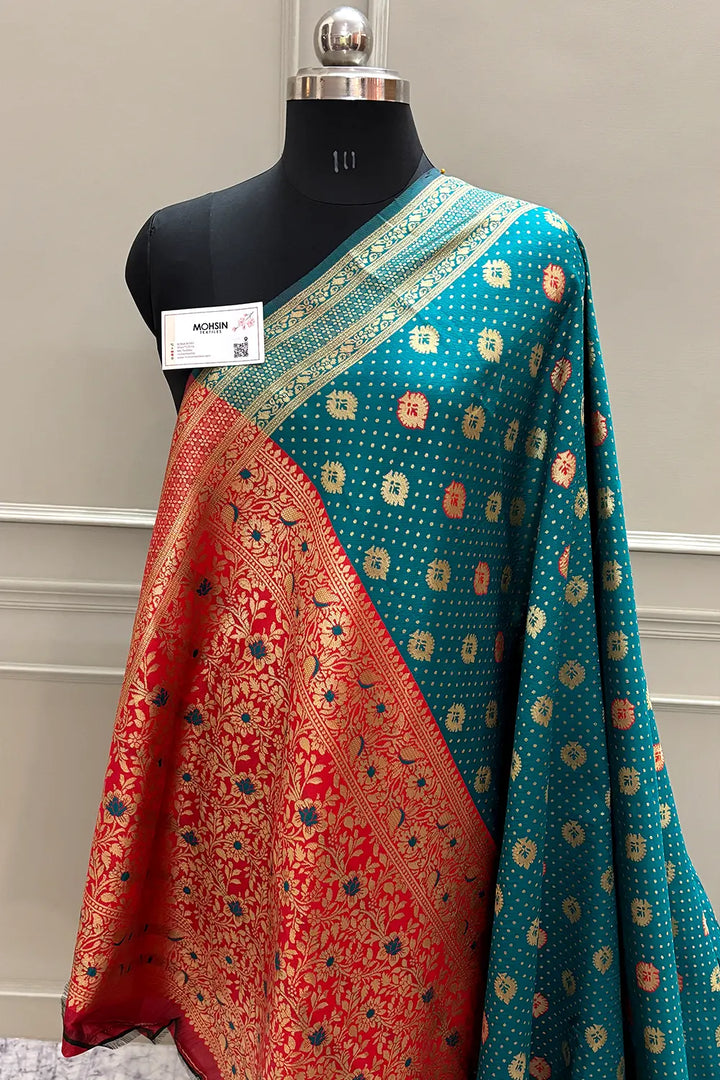 Teal and Red Resham Zari Silky Banarasi Saree