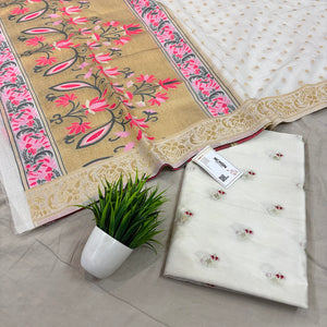 White Golden Zari Cotton Silk Banarasi Suit