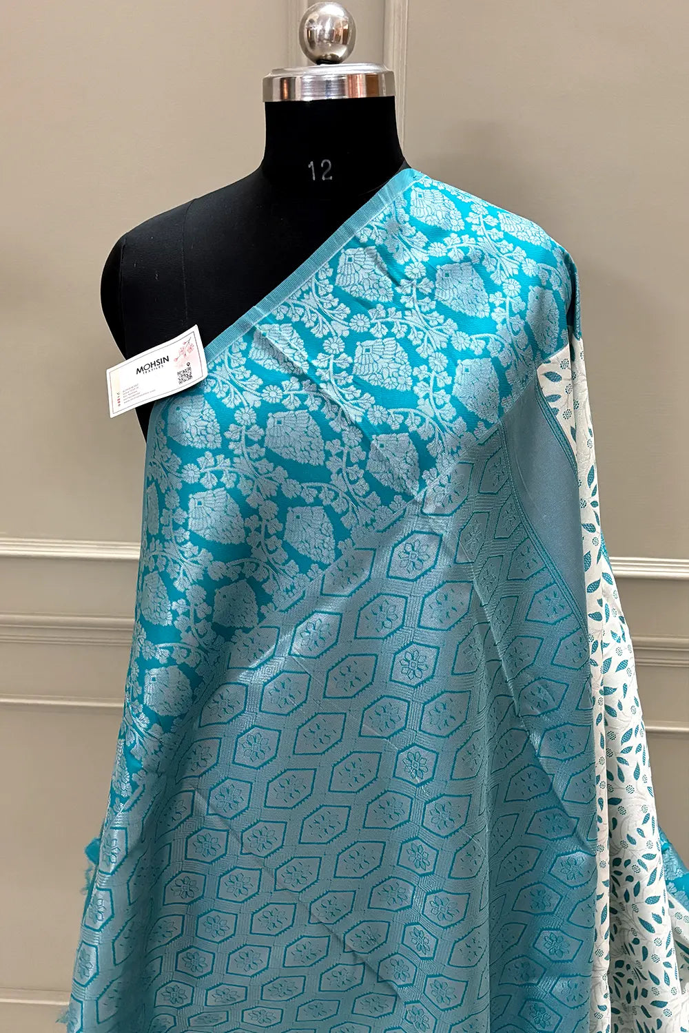 White and Firozi Resham Zari Banarasi Silk Saree