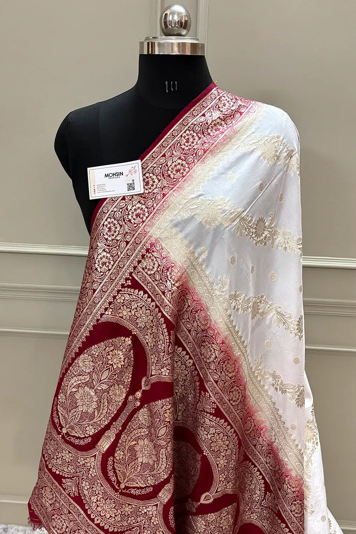 White and Maroon Golden Zari Dola Silk Banarasi Saree