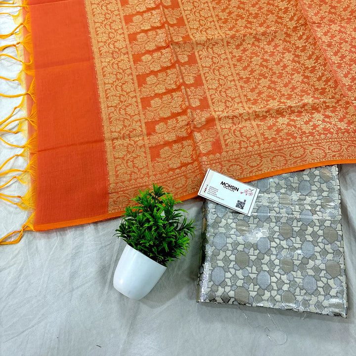 White and Orange Eta Patthar Shimmer Silk Banarasi Suit