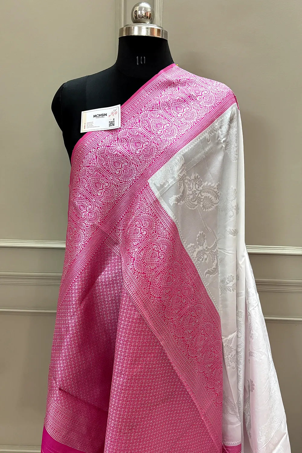 White and Pink Resham Zari Silky Banarasi Saree