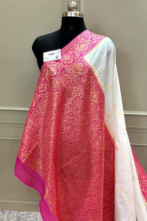 White and Pink Resham Zari Silky Banarasi Saree