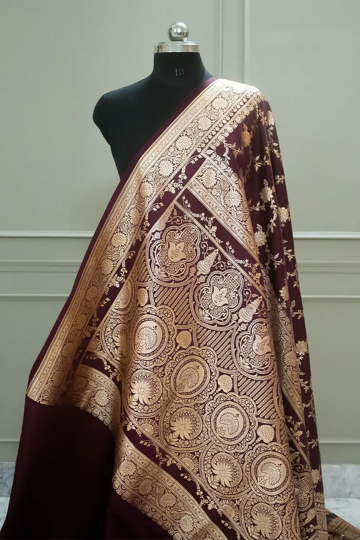 Wine Akbari Jaal Katan Silk Banarasi Saree