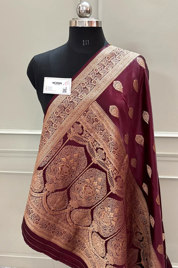 Wine Badami Buta Katan Silk Banarasi Saree