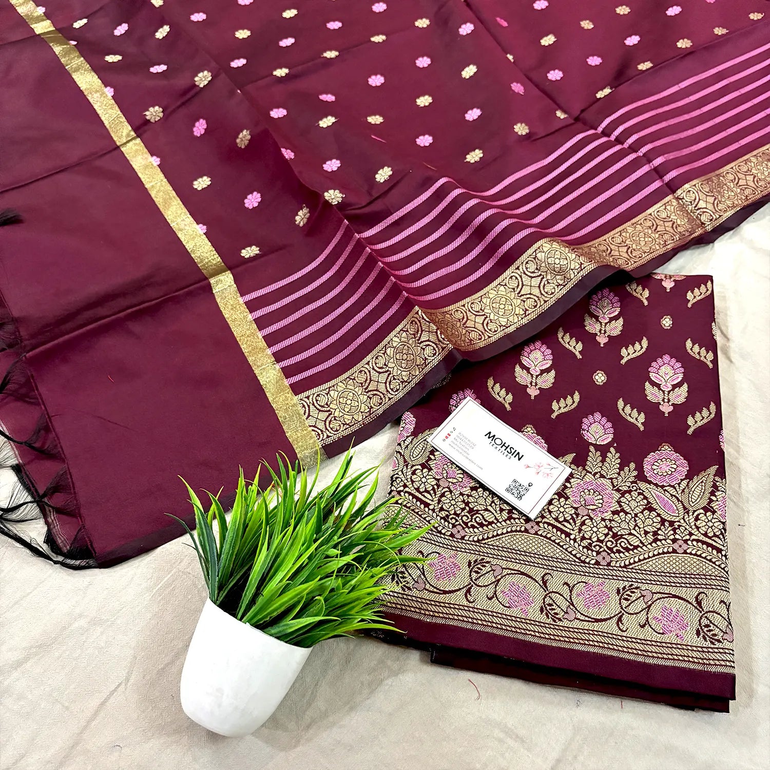 Wine Golden Zari Satin Silk Banarasi Suit