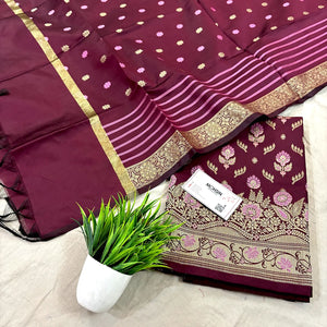 Wine Golden Zari Satin Silk Banarasi Suit