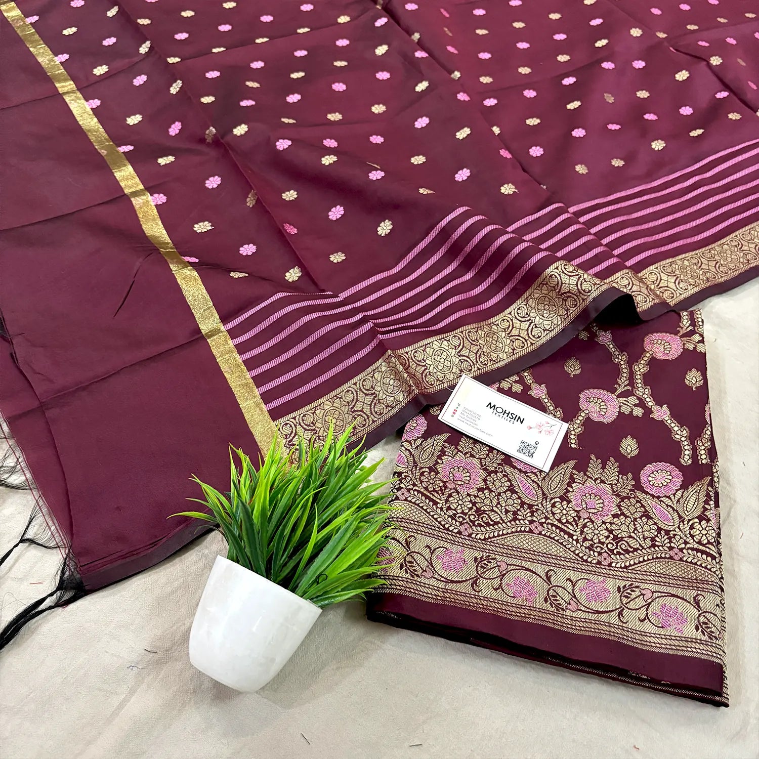 Wine Golden Zari Satin Silk Banarasi Suit