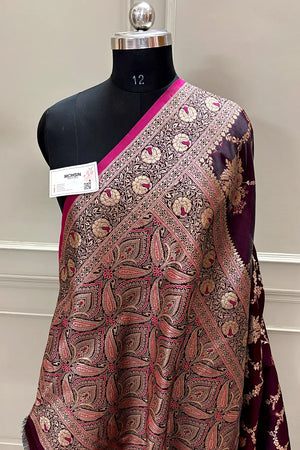 Wine Golden Zari Katan Silk Banarasi Saree