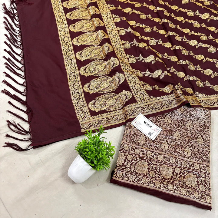 Wine Golden Zari Katan Silk Banarasi Suit