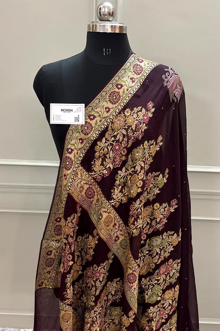 Wine Stone Work Georgette Silk Banarasi Saree