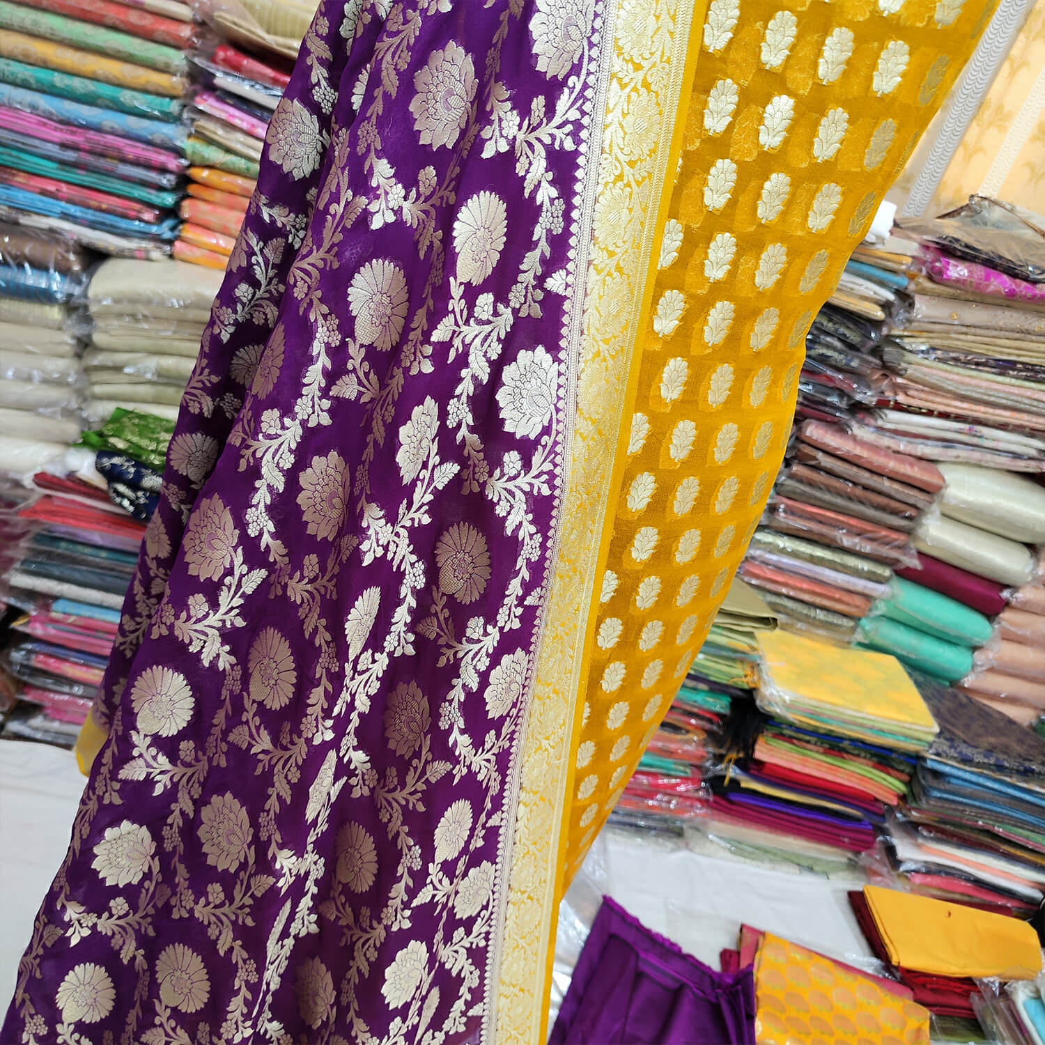 Yellow and Purple Handloom Georgette Silk Banarasi Suit
