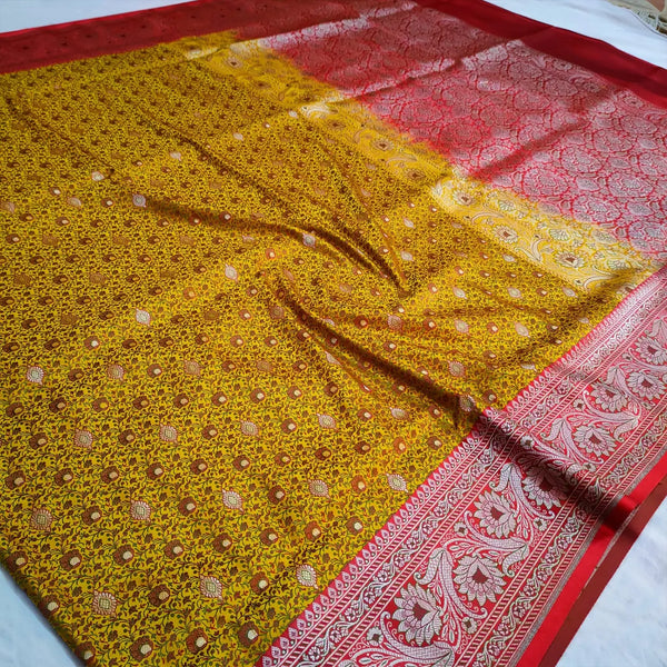 Yellow and Red Jamewar Katan Silk Banarasi Saree