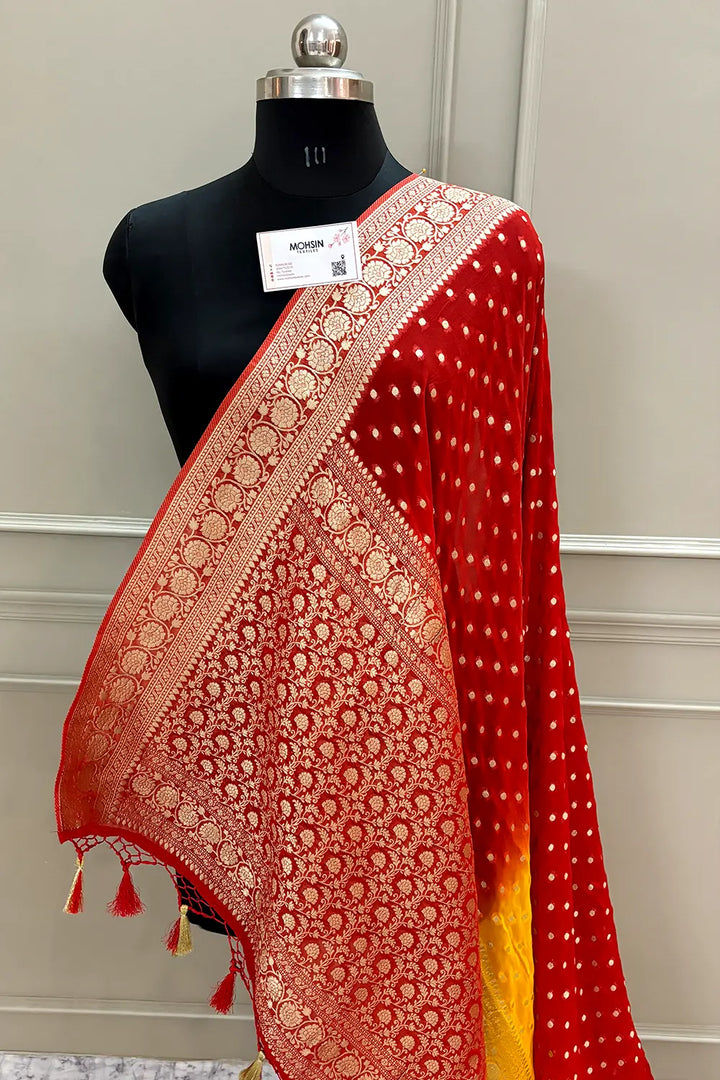 Yellow and Red Matar Dana Georgette Silk Banarasi Saree