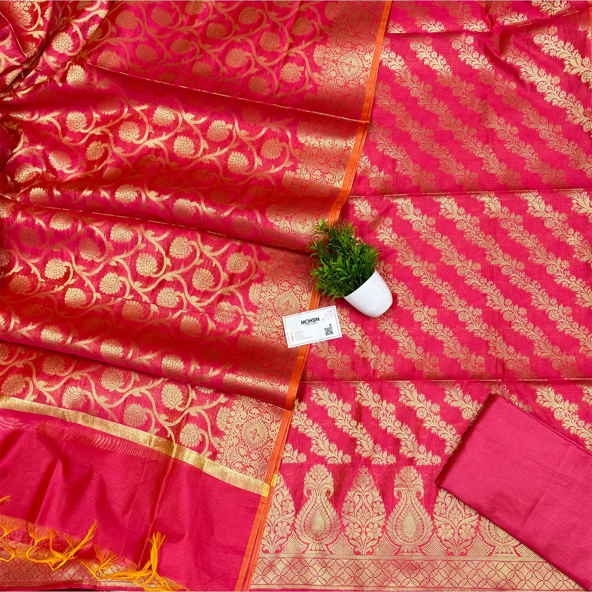 Hot Pink Golden Zari Banarasi Silk Suit