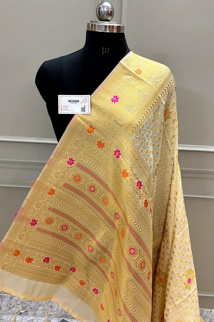 Beige Golden Zari Dola Silk Banarasi Saree