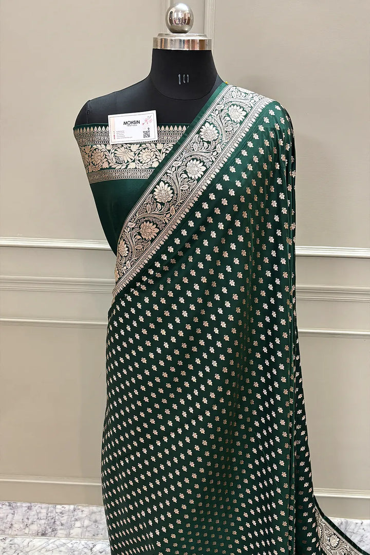 Bottle Green Chunni Buti Katan Silk Banarasi Saree