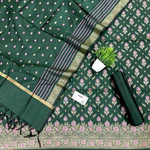 Bottle Green Golden Zari Satin Silk Banarasi Suit