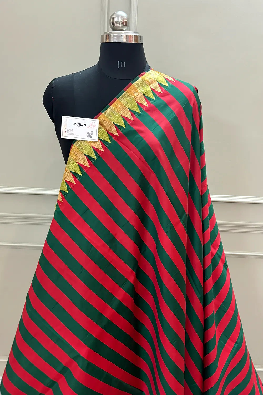 Red and Bottle Green Stripe Satin Banarasi Saree