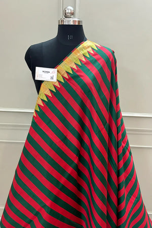 Red and Bottle Green Stripe Satin Banarasi Saree