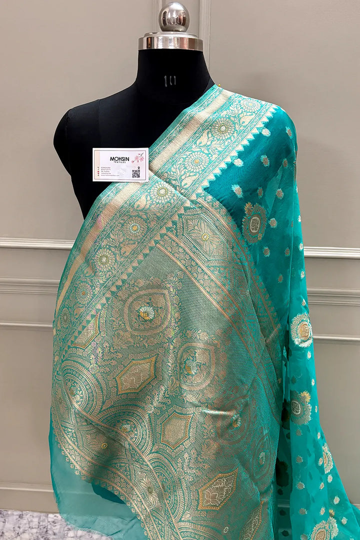 Dark Sea Green Golden Zari Organza Silk Banarasi Saree